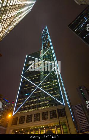 VICTORIA, HONG KONG - JAn 8: facade of illuminated skyscraper by night on Jan 8, 2010 in Victoria, Hong Kong. The bank of china skyscraper is 367 mete Stock Photo