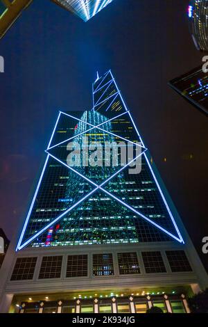 VICTORIA, HONG KONG - JAn 8: facade of illuminated skyscraper by night on Jan 8, 2010 in Victoria, Hong Kong. The bank of china skyscraper is 367 mete Stock Photo