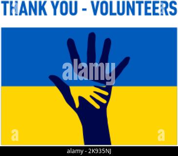 Thank You - Volunteers. The concept with Two Hands, on the Background of Ukrainian Flag, Symbolizing Help, and Support to Ukraine Stock Vector