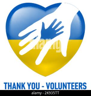 Thank You - Volunteers. The concept with Two Hands, on the Background of Ukrainian Flag in Heart Shape. Symbolizing Human Community Help. Help Ukraine Stock Vector