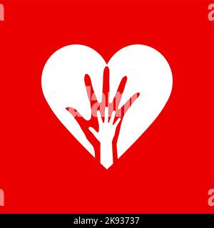 Two Hands in the Heart Icon as Orphan Children Adoption Metaphor. Helping or Loving Hands in the White Heart on Red Background Stock Vector