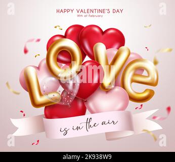 Valentine's love vector concept design. Love 3d balloon text with cute floating heart balloons elements for valentine's day decoration and greeting. Stock Vector