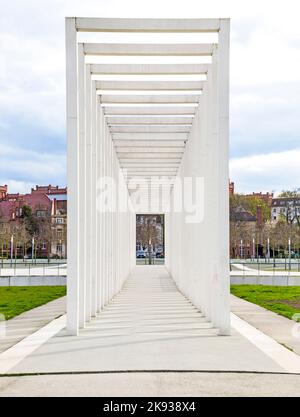 SCHWERIN, GERMANY - APR 12: modern pergola at the Schlosspark on April 12, 2014 in SChwerin, Germany. The Persola was built in 2009 for the famous BUG Stock Photo