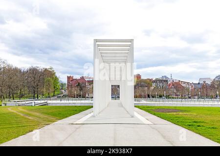 SCHWERIN, GERMANY - APR 12: modern pergola at the Schlosspark on April 12, 2014 in SChwerin, Germany. The Persola was built in 2009 for the famous BUG Stock Photo