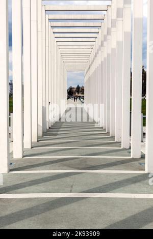 SCHWERIN, GERMANY - APR 12: modern pergola at the Schlosspark on April 12, 2014 in Schwerin, Germany. The Persola was built in 2009 for the famous BUG Stock Photo