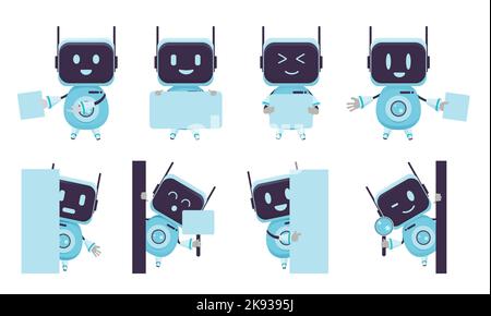 Robot presentation characters vector set. Robotic chat bot character with presenting and showing gestures for robots collection design. Stock Vector