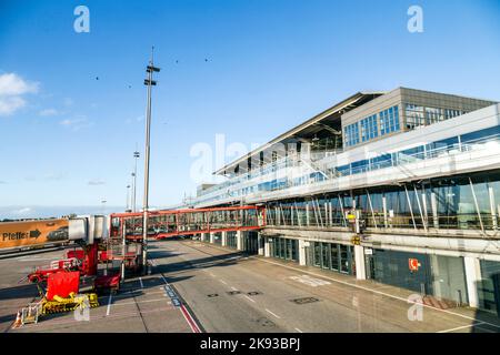 HAMBURG, GERMANY - OCT 24, 2013: Aircraft at the finger in the modern Terminal 2 in Hamburg, Germany. Terminal 2 was completed in 1993 and houses Luft Stock Photo