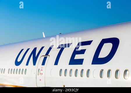 FRANKFURT, GERMANY - JULY 17, 2014: United Airlines aircraft logo at an aircraft in Frankfurt. United Airlines is headquartered in Chicago, Illinois. Stock Photo