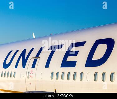 FRANKFURT, GERMANY - JULY 17, 2014: United Airlines aircraft logo at an aircraft in Frankfurt. United Airlines is headquartered in Chicago, Illinois. Stock Photo