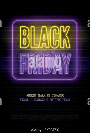 Black friday crazy discounts vector flyer template. Special price offer on stylized brick wall background. Seasonal sale yellow purple promo banner design. Mega wholesale men advert with text space. Stock Vector