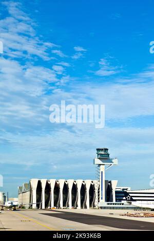 FRANKFURT, GERMANY - AUG 25:  maintenance hall and the tower of german air traffic control on August, 25, 2011 in Frankfurt, Germany. Frankfurt Airpor Stock Photo