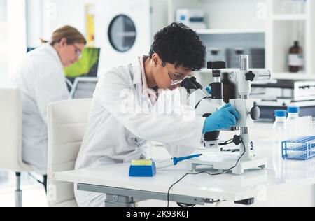 Okay lets adjust that a little closer...an attractive young female scientist looking through a microscope in a laboratory with her colleague in the Stock Photo