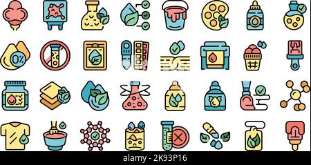 Natural dyes icons set outline vector. Tie ideas. Spiral batik thin line color flat on white Stock Vector
