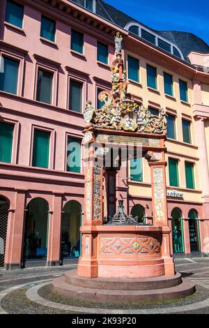 MAINZ, GERMANY - MAY 17:   famous market fountain in Mainz on May, 17,2012 in Mainz, Germany. Albrecht von Brandenburg erected the medieval fountain i Stock Photo