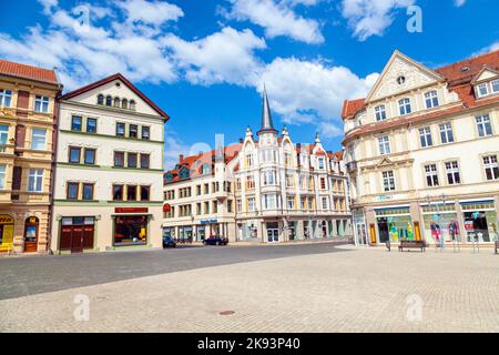 GOTHA, GERMANY - MAY 28: famous market place on May, 282012 in Gotha, Germany. It is surrounded by restored patrician houses with baroque doorways. Stock Photo