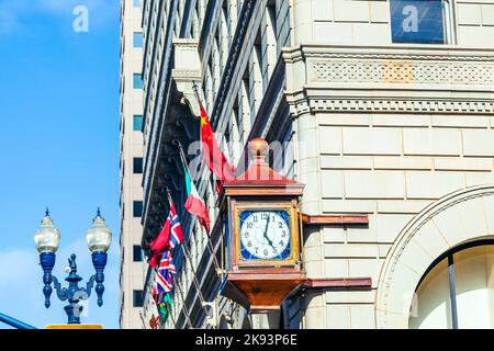 SAN DIEGO, USA - JUNE 11: facade with old clock in the gaslamp quarter on June 11, 2012 in San Diego, USA. The area is a historic district on the Nati Stock Photo