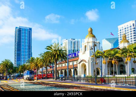 SAN DIEGO, USA - JUNE 11: train arrives at Union Station on June 11, 2012 in San Diego, USA. The Spanish Colonial Revival style station opened on Marc Stock Photo