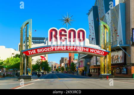 RENO, USA - JUNE 17, 2012:: The Reno Arch   in Reno, Nevada. The original arch was built in 1926 to commemorate the completion of the Lincoln and Vict Stock Photo