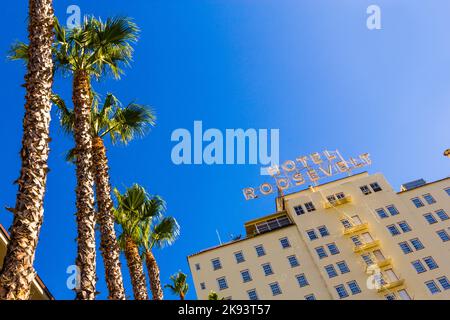 HOLLYWOOD, USA -JUNE 26: facade of famous historic Roosevelt Hotel on June 26,2012 in Hollywood, USA. It  first opened on May 15, 1927. It is now mana Stock Photo