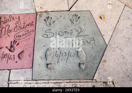 LOS ANGELES - JUNE 26:  handprint of Sidney Poitier in Hollywood Boulevard on June 26,2012 in Los Angeles. There are nearly 200 celebrity handprints i Stock Photo