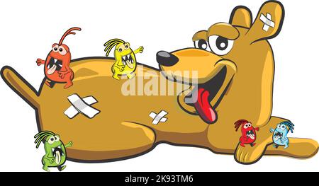 Dog with fleas - illustration, A funny dog and a scary army of fleas Stock Vector