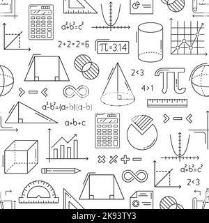 Mathematics seamless pattern. Vector background of math education with linear algebra formulas, equations and geometry figures, trigonometric graphs and charts. Pencils, rulers and protractor backdrop Stock Vector