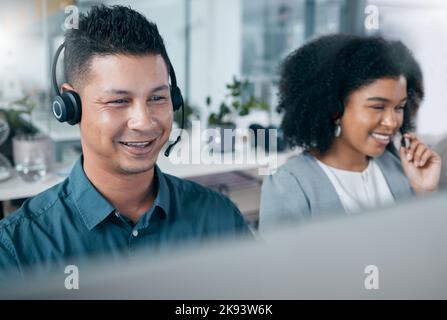Call center, consulting and employees working, giving support and talking to people on the web at telemarketing company. Happy, smile and crm workers Stock Photo