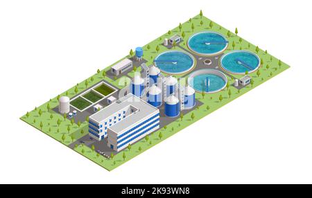 Isometric treatment plant. Sewage and wastewater filtration, purification, aeration and settling tanks. Vector facilities of waste water cleaning station with tanks, pipes, pumps and water towers Stock Vector