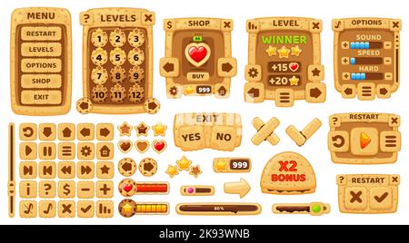 Cartoon cookie cracker game interface UI and GUI elements. Vector cookie control icon and candy chocolate arcade fame navigation arrows, menu options and assets with props or GUI buttons Stock Vector