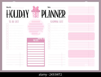 Holiday planner. Organizer, weekly list, to-do, shopping list and notes. Vector illustration. Horizontal template planner for New Years and Christmas, Stock Vector