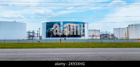 LA PORTE, USA - JULY 11: oil paintings on the oil tanks on July 11, 2013 in La Porte, USA. In Lynchburg near the Houston Ship Channel and San Jacinto Stock Photo