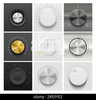 Volume dial knob, music amplifier regulator. Music player interface realistic vector rotate controller, stereo tuner volume level adjust analog 3d metal, golden and white plastic knob, wheel or switch Stock Vector