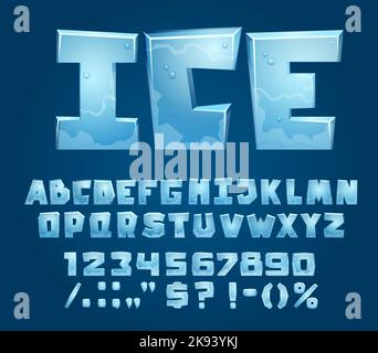 Ice crystal font, typeface, type alphabet. Frozen water letters, alphabet punctuation and numeral symbols and digits, Christmas winter holiday celebration, iceberg ice ABC vector typeset Stock Vector