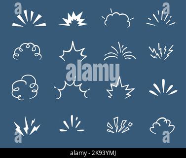 Cartoon doodle bomb explosion, comic clouds and smoke boom bubbles, vector icons. Doodle bomb explosion burst and blast puff effects, dynamite TNT or atomic bomb mushroom explode and crash icons Stock Vector
