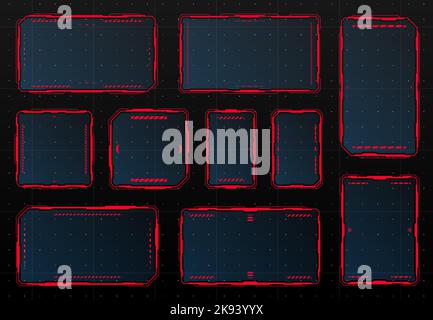 Red HUD danger warning and alert attention frames, vector interface message box. HUD red frames and borders for caution warning, danger zone or damage error and attack, cyber UI virtual screen Stock Vector