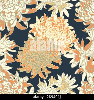 Floral seamless pattern with chrysanthemums. Hand drawn with pen and ink design. Vector tile on a dark blue background. Stock Vector