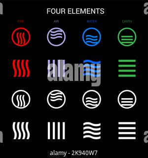 Four Elements of Nature Fire, Air, Water, Earth. Templates for Renewable Energy Logos. Abstract Concept of Alternative Energy Sources on Black Backdro Stock Vector