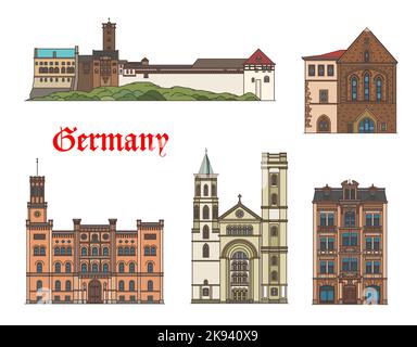 Germany buildings of Zittau and Eisenach Wartburg, vector architecture landmarks. German Thuringia and Saxony buildings of Noacksches Haus palace and castle, Predigerkirche and St John church Stock Vector
