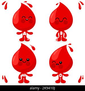 Cute cartoon blood drops. Different blood types. Blood donation concept characters. Stock Photo
