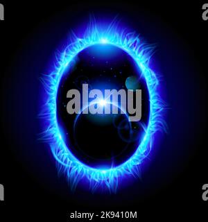 Bright Eclipse Blue Starscape in the Blue Flame Portal. Solar eclipse. Abstract Scientific Background. Shine Round Frame with Fire, Light Circles Ligh Stock Vector