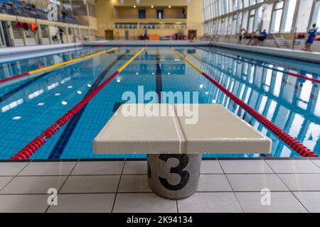 Starting block on a pool basin Stock Photo