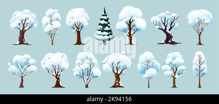 Cartoon winter trees, isolated vector wintertime forest and garden plants with snow on branches. Birch, spruce, oak, maple or elm in park or wood, natural seasonal winter landscape tree Stock Vector