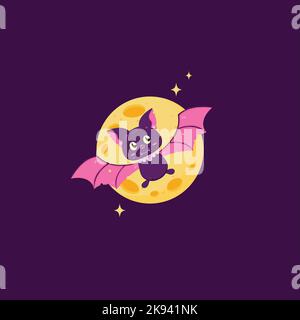 2D graphic cute bats flying in front of the full moon during the Halloween celebrations in October. Stock Vector