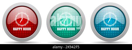 Happy hour vector icon set, glossy web buttons collection Stock Vector