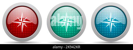 Compass vector icon set, glossy web buttons collection Stock Vector