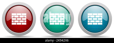 Brick wall, building vector icon set, glossy web buttons collection Stock Vector