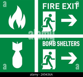 Set of Two Evacuation Signs - Fire Exit, and Bomb Shelters. The Signs ...