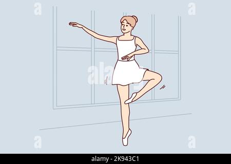 Young woman in tutu dancing in school. Smiling girl in dress practice ballerina moves indoors. Hobby and entertainment. Vector illustration.  Stock Vector