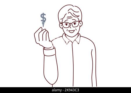 Elderly man showing dollar sign saving money for future. Smiling mature grandfather make money investments gain from rates. Banking and finances. Vector illustration. Stock Vector
