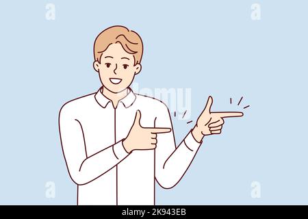 Smiling man point at good sale deal or offer. Happy guy recommend discount or promotion. Recommendation and client feedback. Vector illustration.  Stock Vector